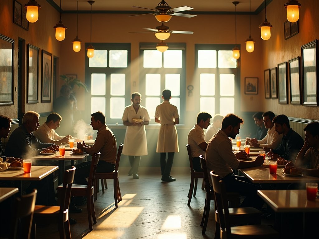 Morning scene at historic Goodluck Cafe in Pune with patrons enjoying bun maska and chai