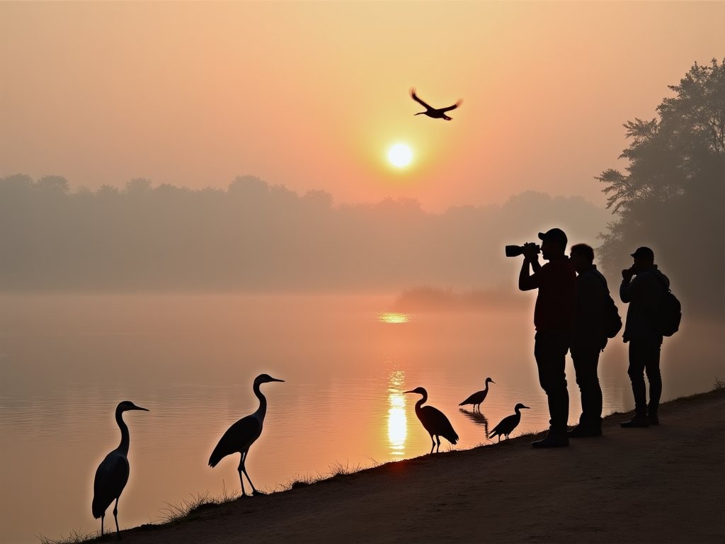Sunrise at Pashan Lake in Pune with silhouettes of birdwatchers and water birds
