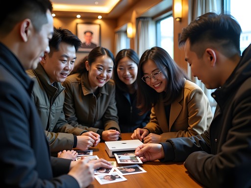 Cultural exchange moment between tourist and North Korean guides examining instant photos