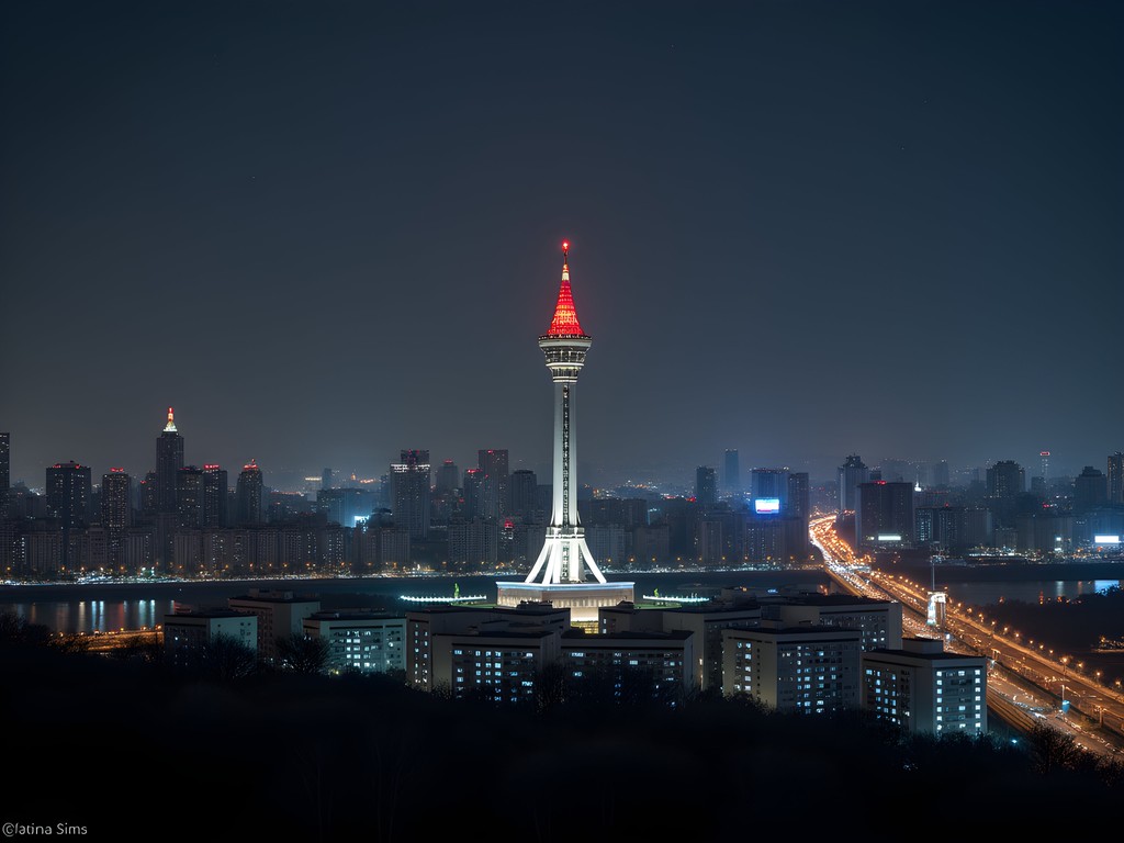 Pyongyang's night skyline showing limited light pollution with Juche Tower illuminated
