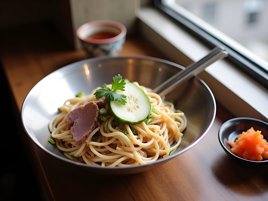 Traditional Pyongyang naengmyeon cold noodles being served in a local restaurant