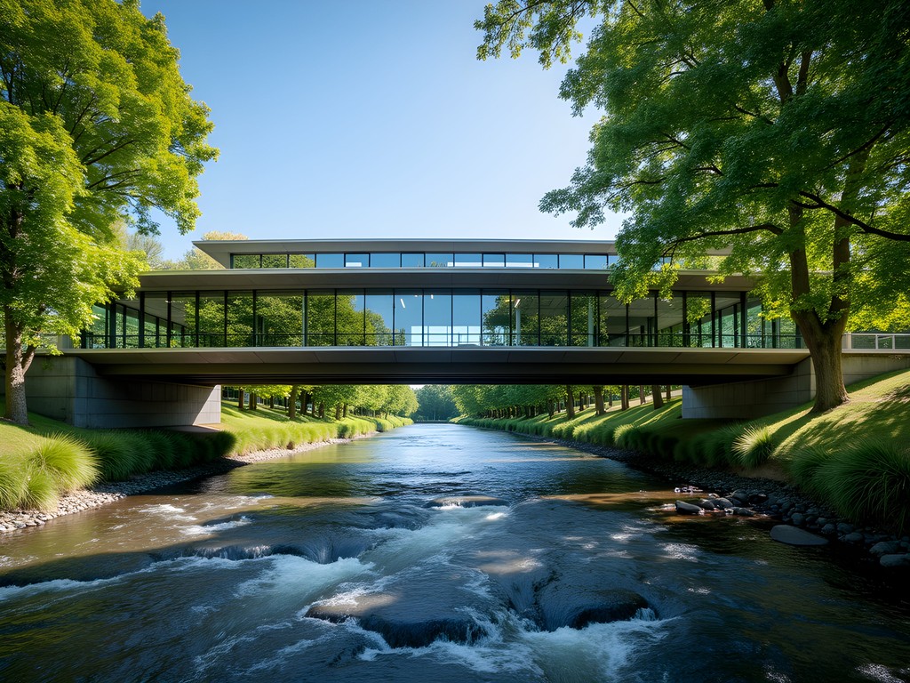 Cedar River Trail with Renton Library spanning over the rushing water