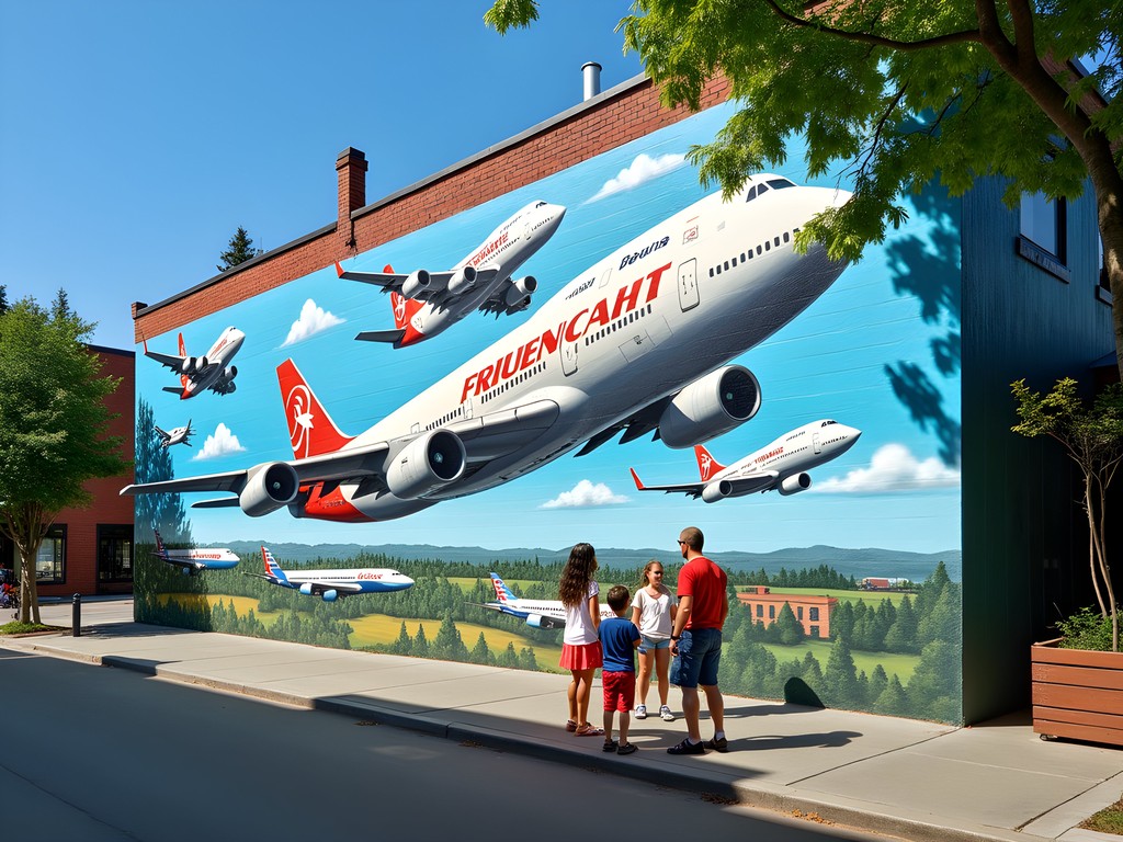 Colorful aviation-themed mural in downtown Renton with families viewing the artwork