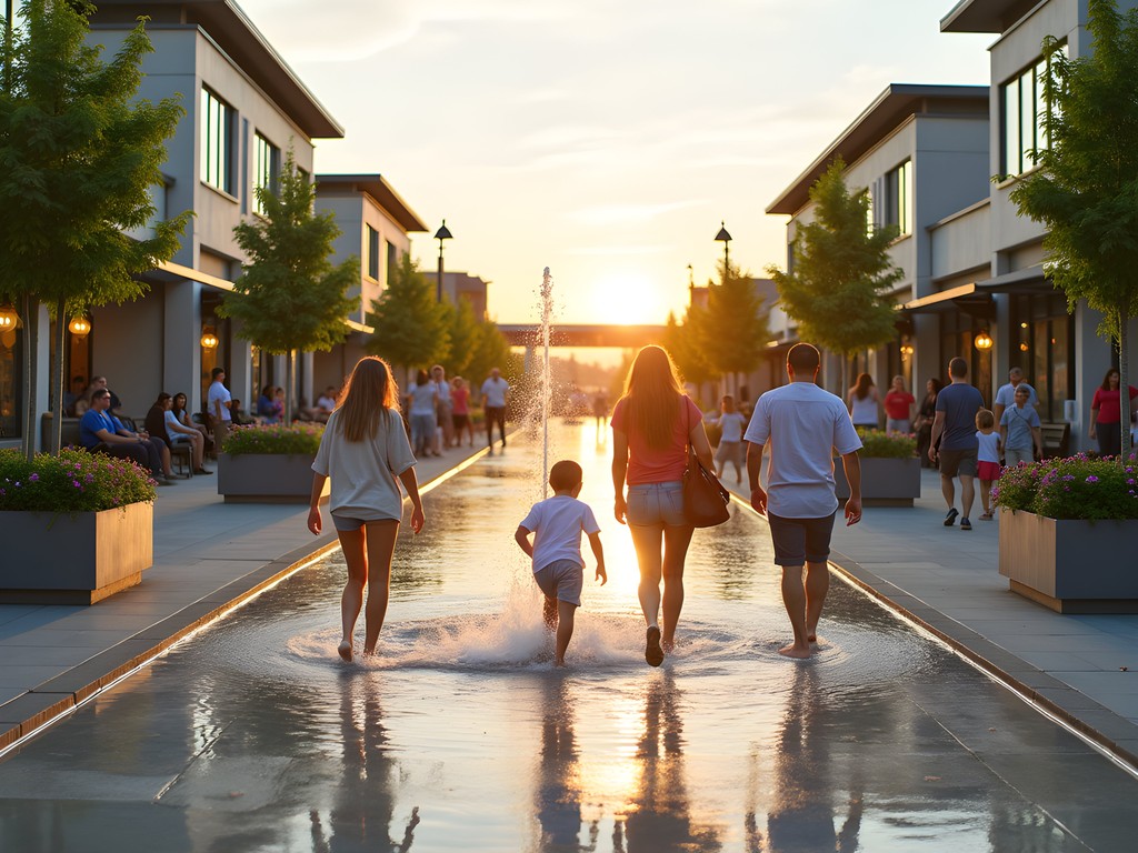 Families enjoying the central plaza and water feature at The Landing in Renton during summer