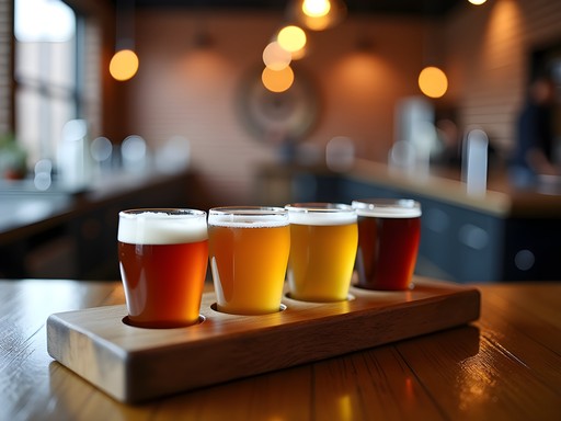 Beer flight sampling at Richmond craft brewery with industrial interior