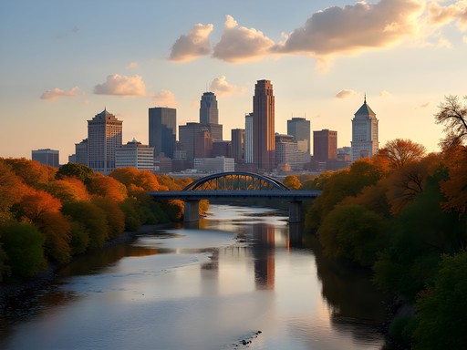 View of Richmond skyline from Manchester district with James River in foreground