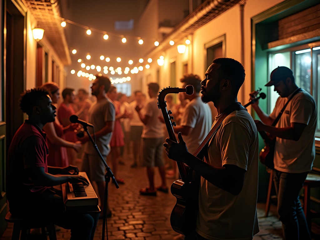 Atmospheric night scene of traditional samba dancing in Lapa district, Rio de Janeiro