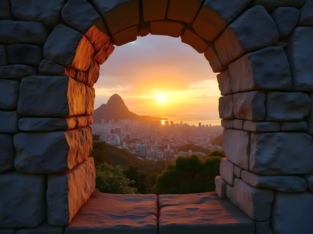 Golden sunset view of Rio de Janeiro through stone window frames at Parque das Ruínas in Santa Teresa