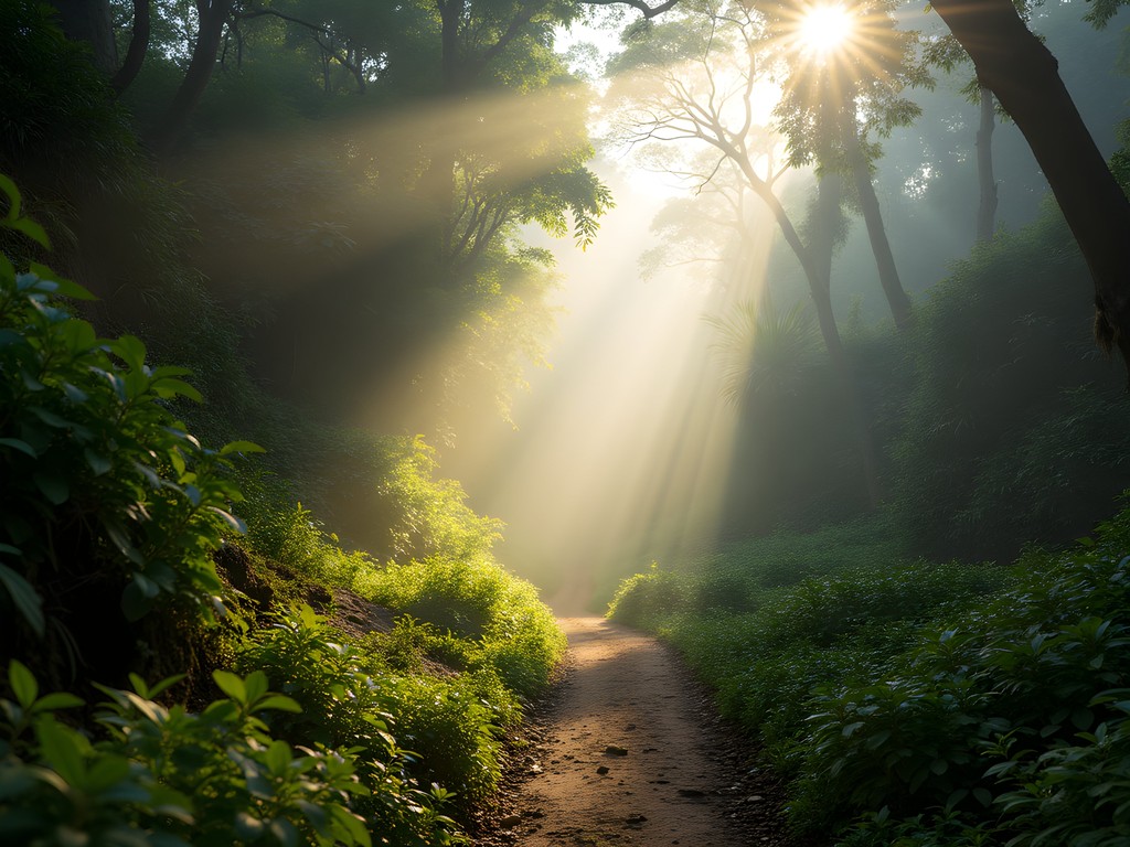 Atmospheric misty trail through Tijuca National Park with sunlight filtering through rainforest canopy