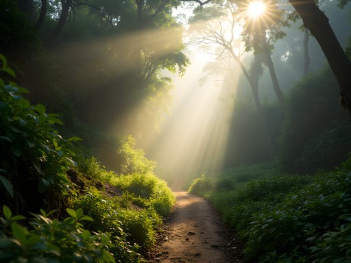 Atmospheric misty trail through Tijuca National Park with sunlight filtering through rainforest canopy