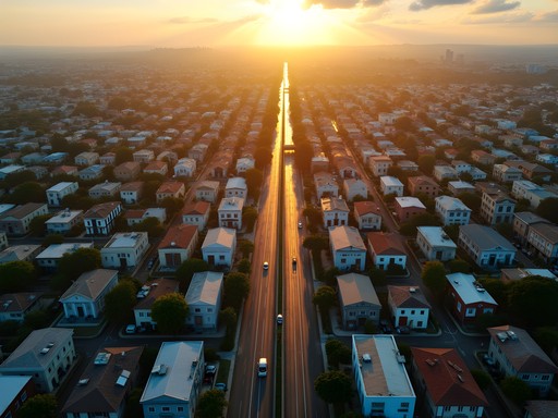 Aerial drone view showing the distinct urban patterns of Rivera, Uruguay and Santana do Livramento, Brazil meeting at the border