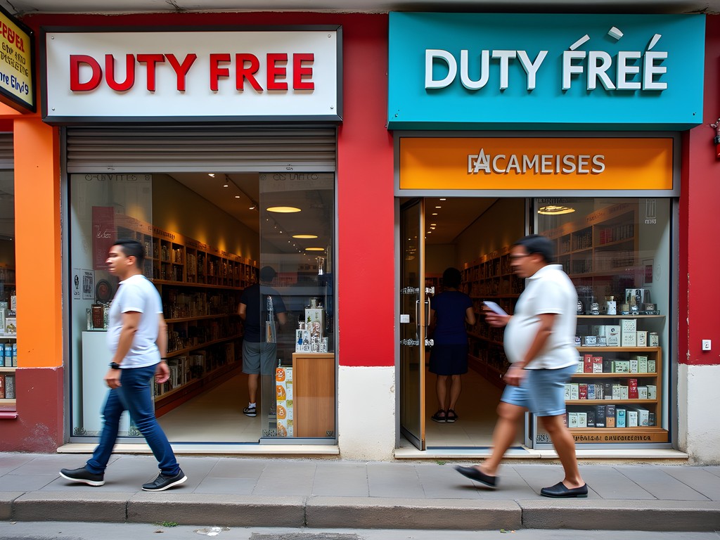 Colorful duty-free shops along Avenida Sarandí in Rivera, Uruguay