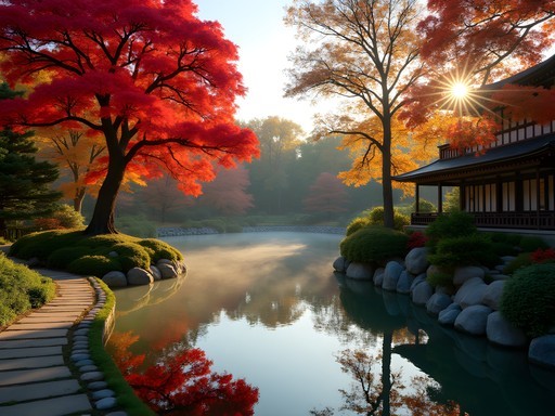 Fall colors at Anderson Japanese Gardens in Rockford with maple trees and traditional structures