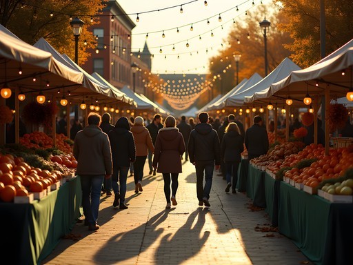Bustling Rockford City Market with local vendors, fall produce, and community atmosphere