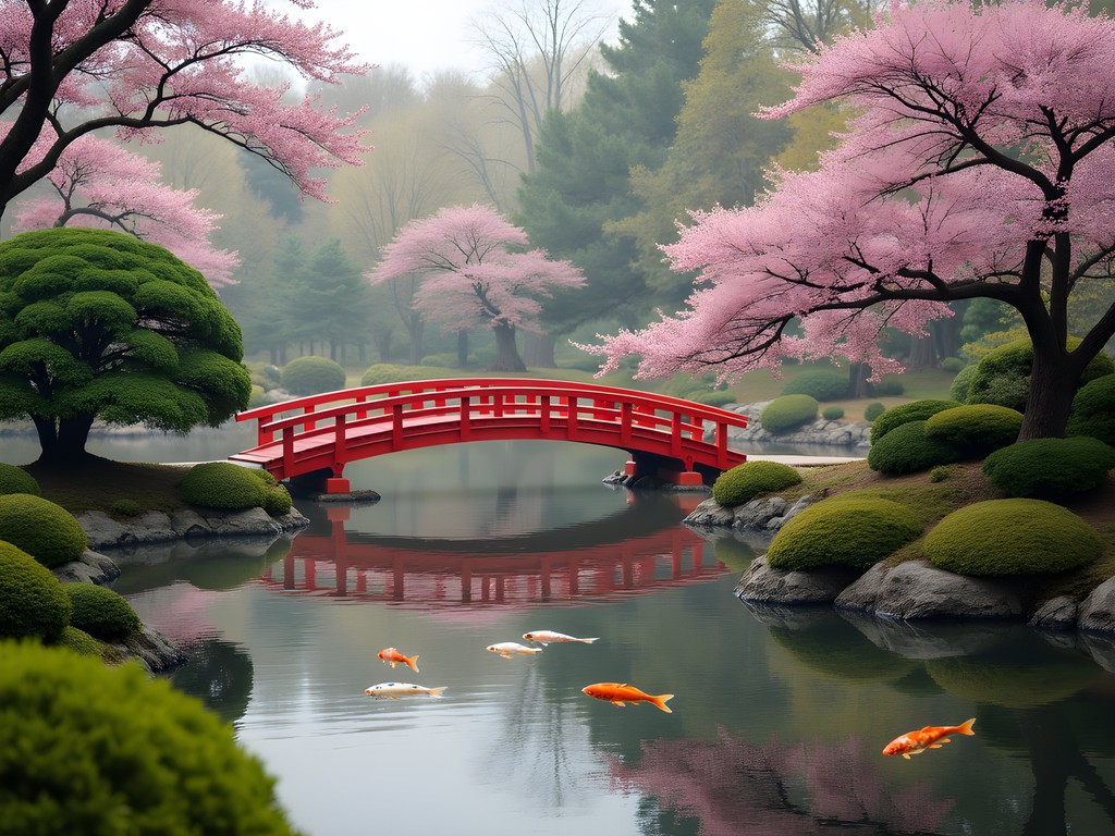 Anderson Japanese Gardens in spring with cherry blossoms reflecting in koi pond