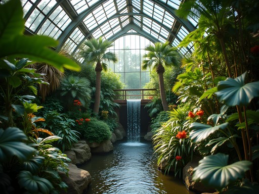 Tropical plant display with waterfall inside Nicholas Conservatory in Rockford