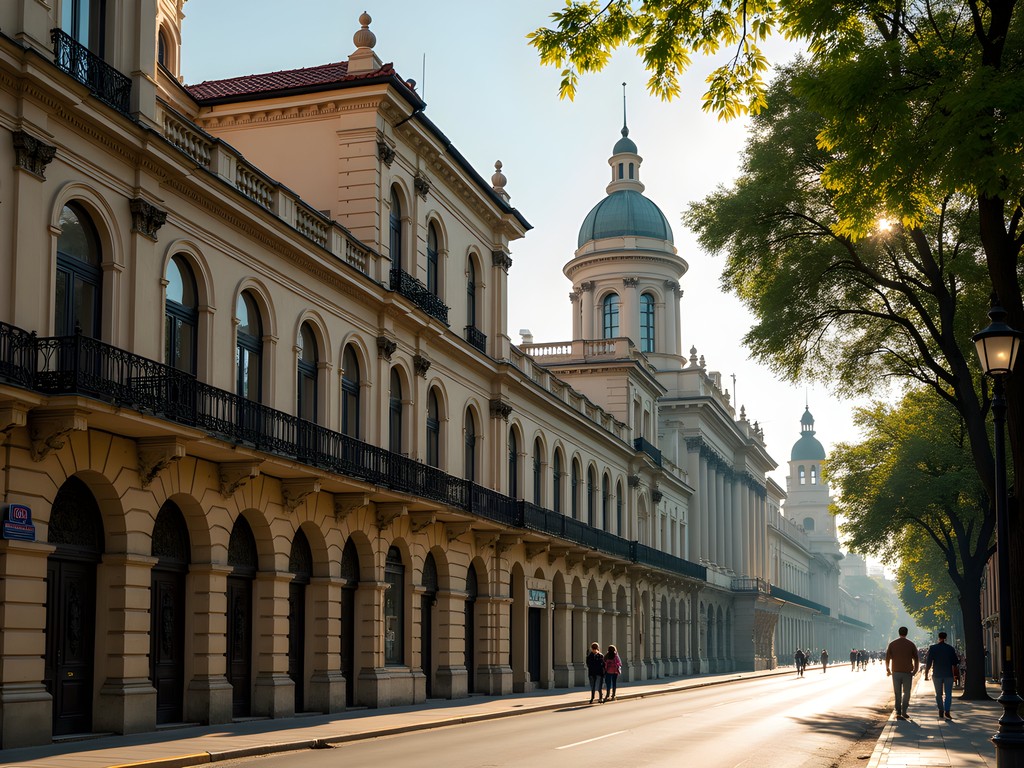 Art Nouveau and modern architecture contrasting in Rosario's historic center with locals walking tree-lined streets