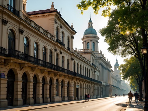 Art Nouveau and modern architecture contrasting in Rosario's historic center with locals walking tree-lined streets