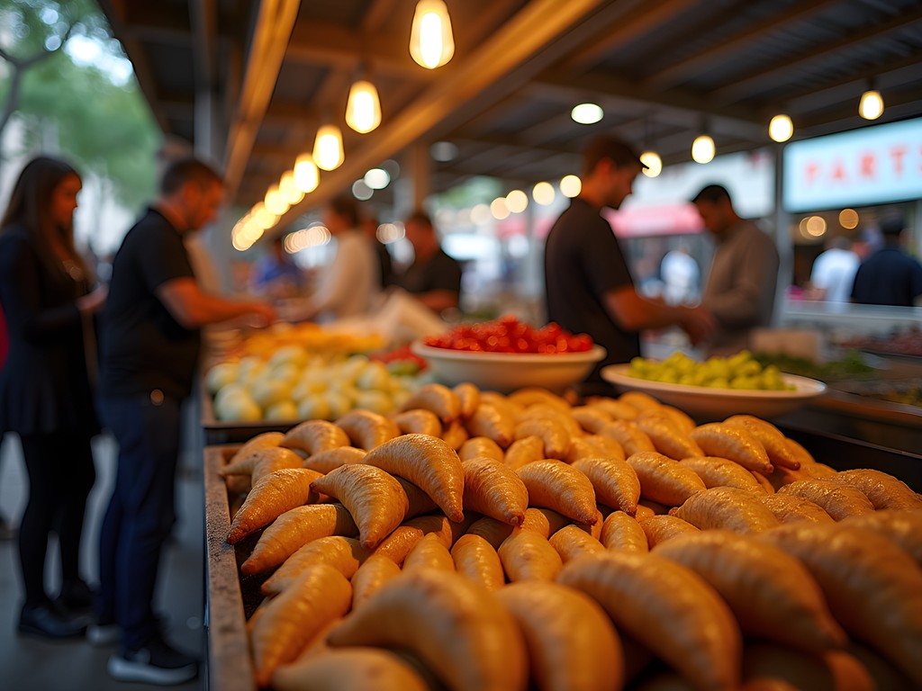 Vibrant food stalls at Mercado del Patio in Rosario with vendors serving traditional Argentine cuisine with Italian influences