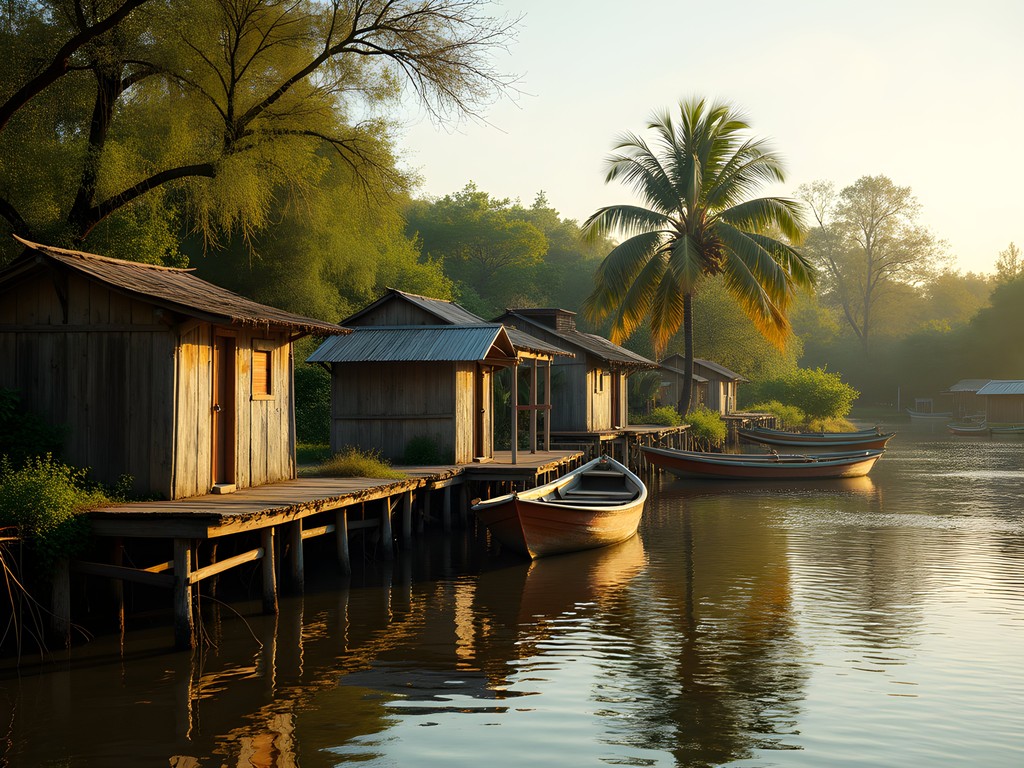 Traditional stilt houses on Paraná River Delta islands near Rosario with small boats and lush vegetation