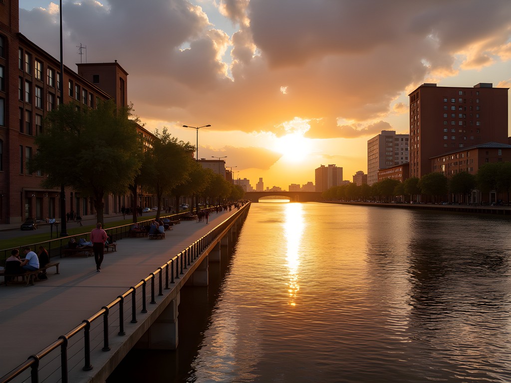 Sunset over Paraná River with locals gathering along Rosario's modern riverside promenade