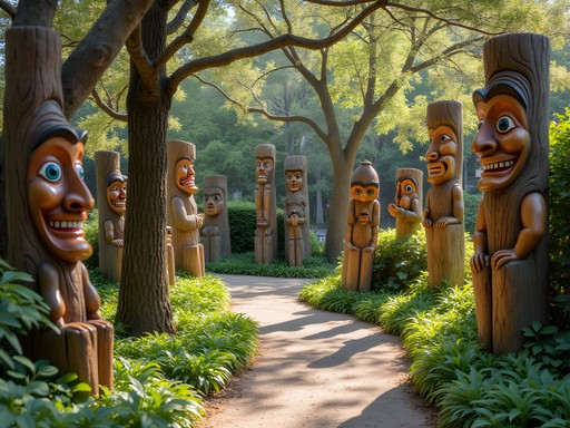 Handcarved wooden sculptures and totems in the hidden Cayuga Park in San Francisco