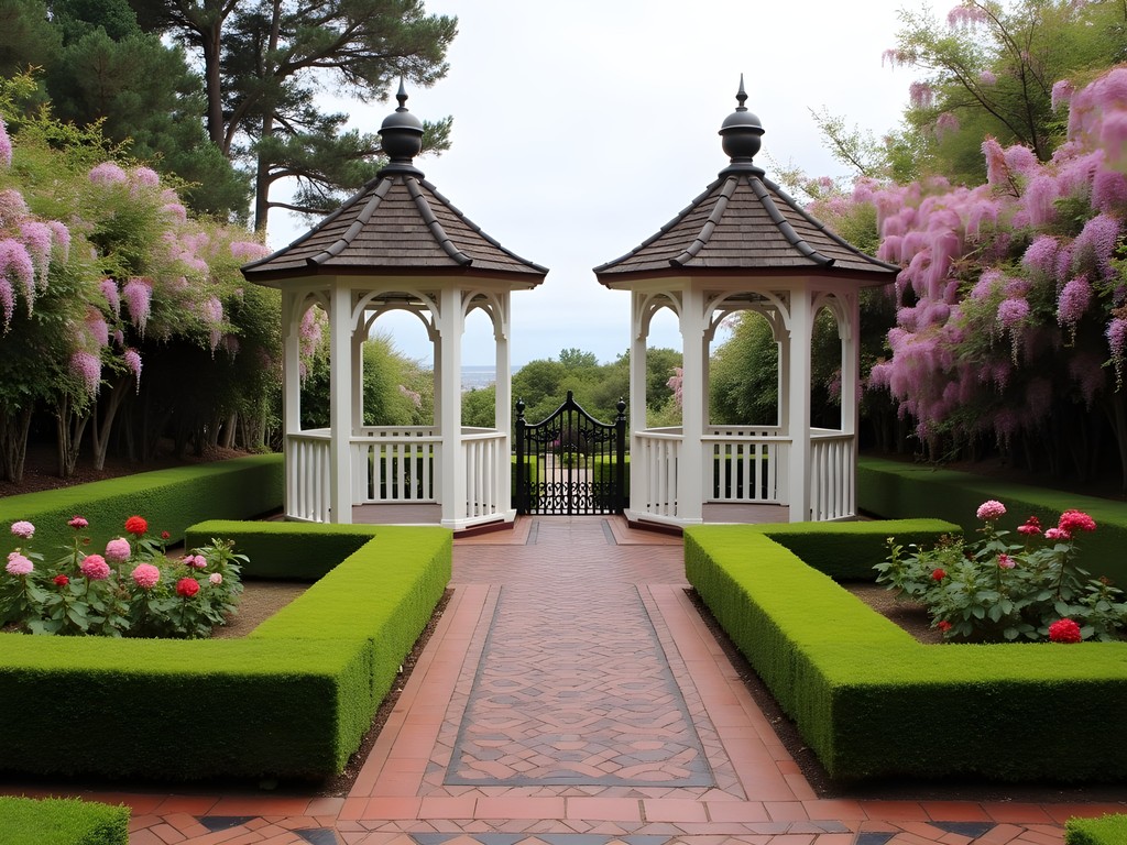 Secret formal garden with twin gazebos and Bay views at Fay Park in San Francisco