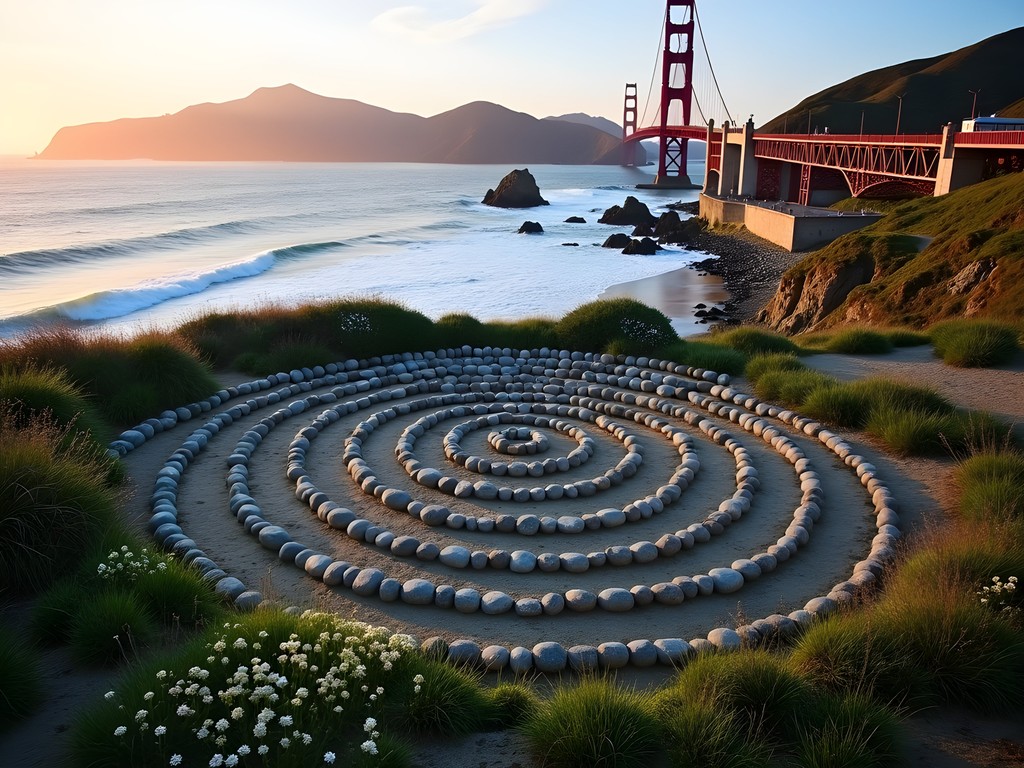 Stone labyrinth at Lands End with Golden Gate Bridge view at dawn