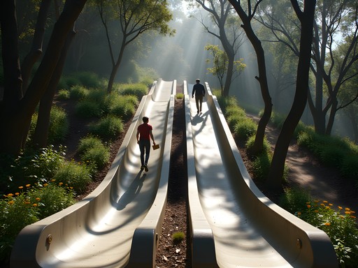Couple enjoying the hidden concrete slides surrounded by trees in San Francisco