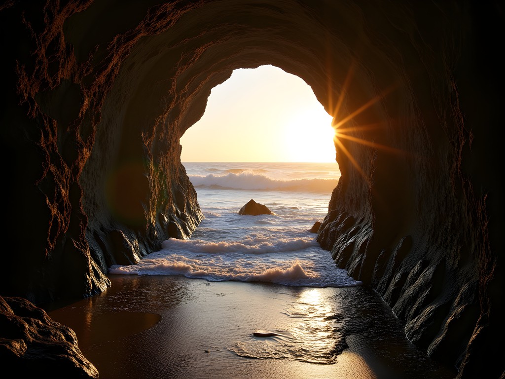 Hidden tunnel at Sutro Baths with dramatic ocean view at sunset