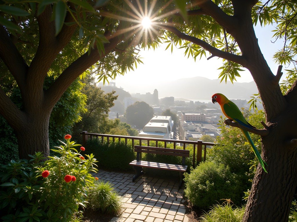 Wild green parrots perched on branches in a hidden garden on Telegraph Hill