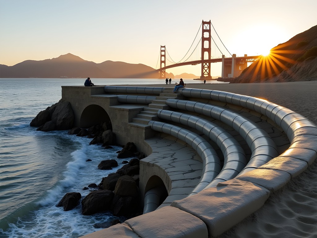 The Wave Organ acoustic sculpture at sunset with Golden Gate Bridge view