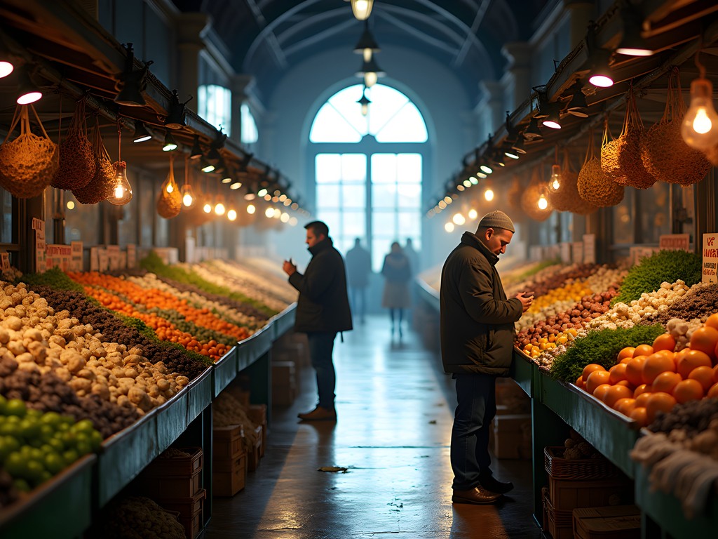 Early morning scene at La Bretxa Market with local vendors arranging fresh produce
