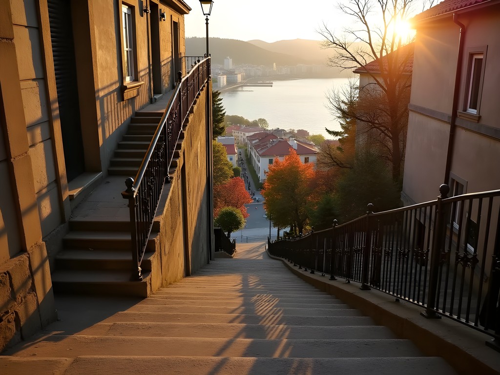 Historic Miraconcha staircase in San Sebastian at sunset with bay views