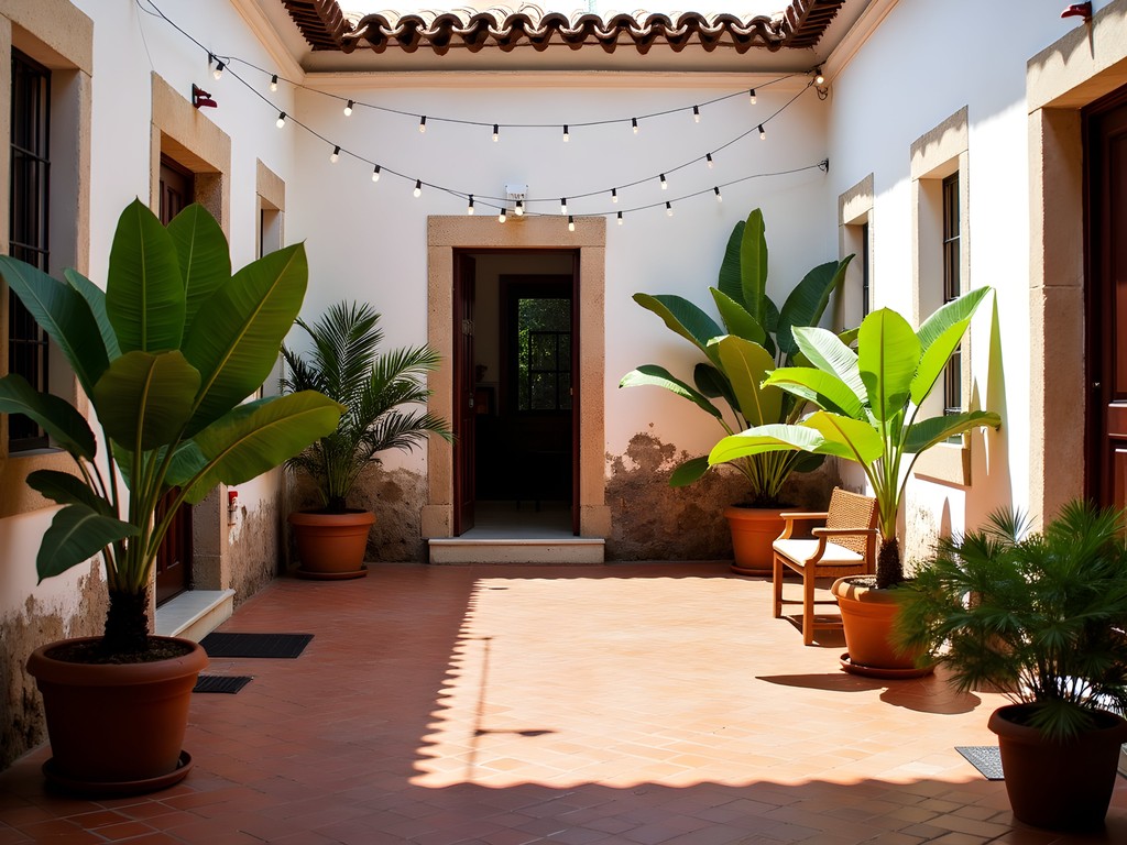 Charming interior courtyard of a budget-friendly colonial apartment in Santo Domingo