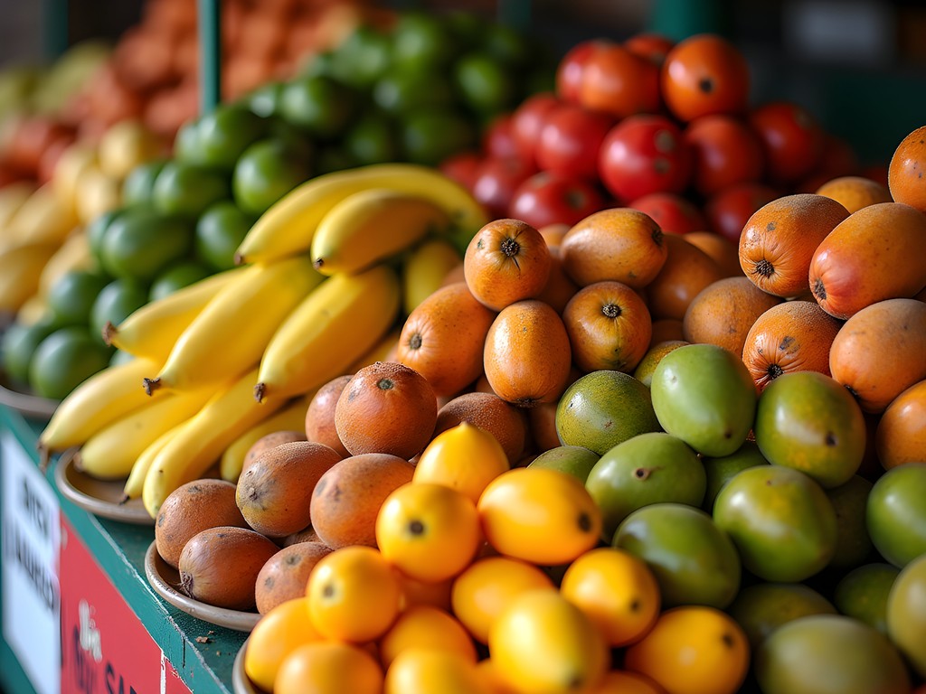 Colorful tropical fruit display at Mercado Modelo in Santo Domingo