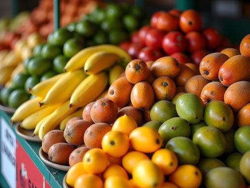 Colorful tropical fruit display at Mercado Modelo in Santo Domingo