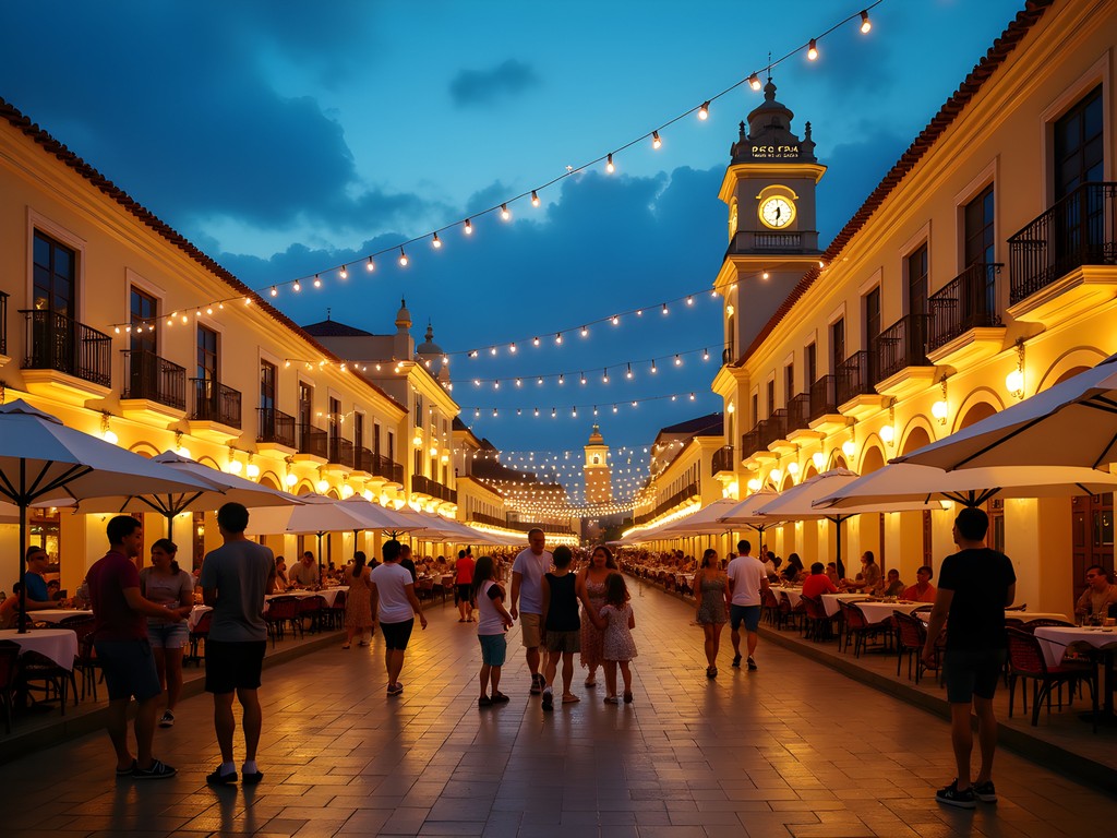 Families enjoying evening activities in Plaza España with colonial buildings illuminated