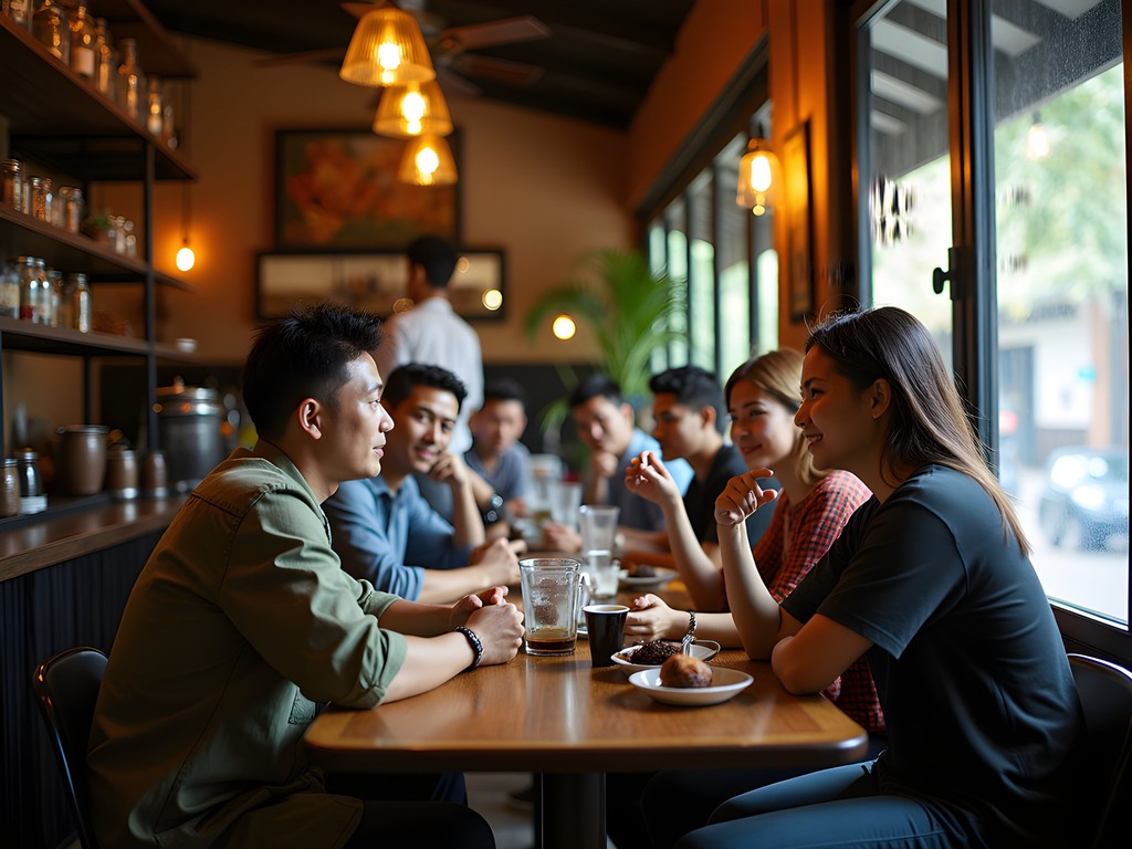 Authentic interaction between Jerry and locals at a traditional Jakarta coffee shop