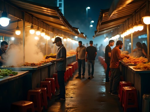 Bustling night market food stalls in Jakarta with colorful lighting and diverse local dishes