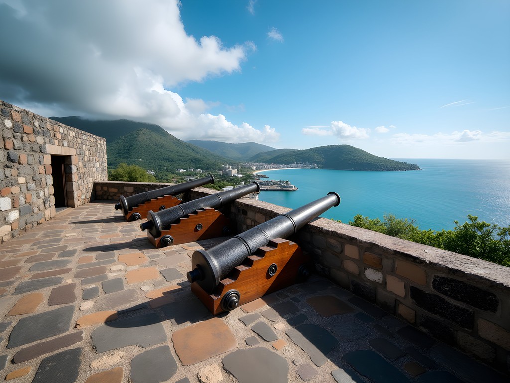 Historic Fort King George overlooking Scarborough harbor with colonial cannons in foreground