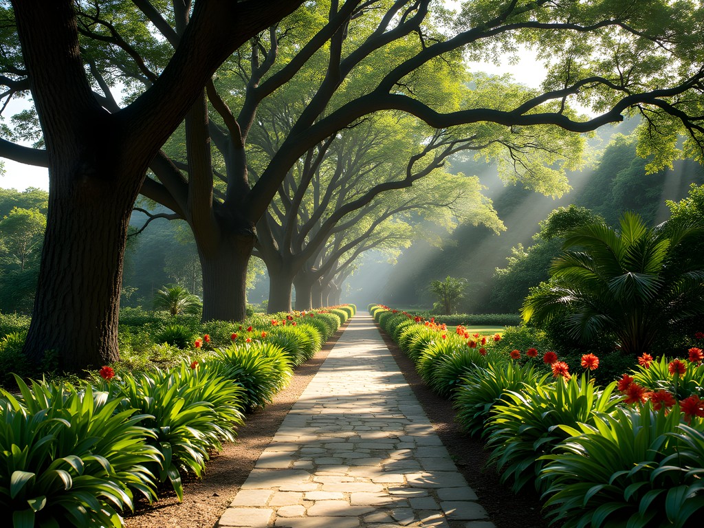 Tree-lined path in Scarborough Botanical Gardens with tropical plants and colonial layout