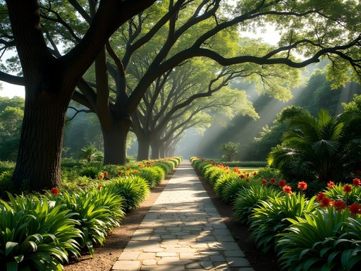 Tree-lined path in Scarborough Botanical Gardens with tropical plants and colonial layout