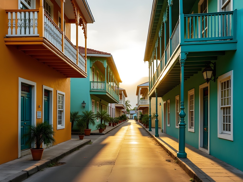 Colorful colonial architecture on a historic Scarborough street with traditional wooden buildings