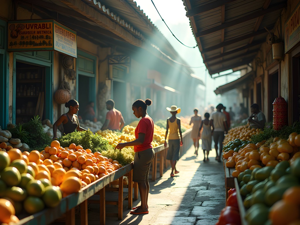 Colorful produce stalls at Scarborough Market with tropical fruits and local vendors