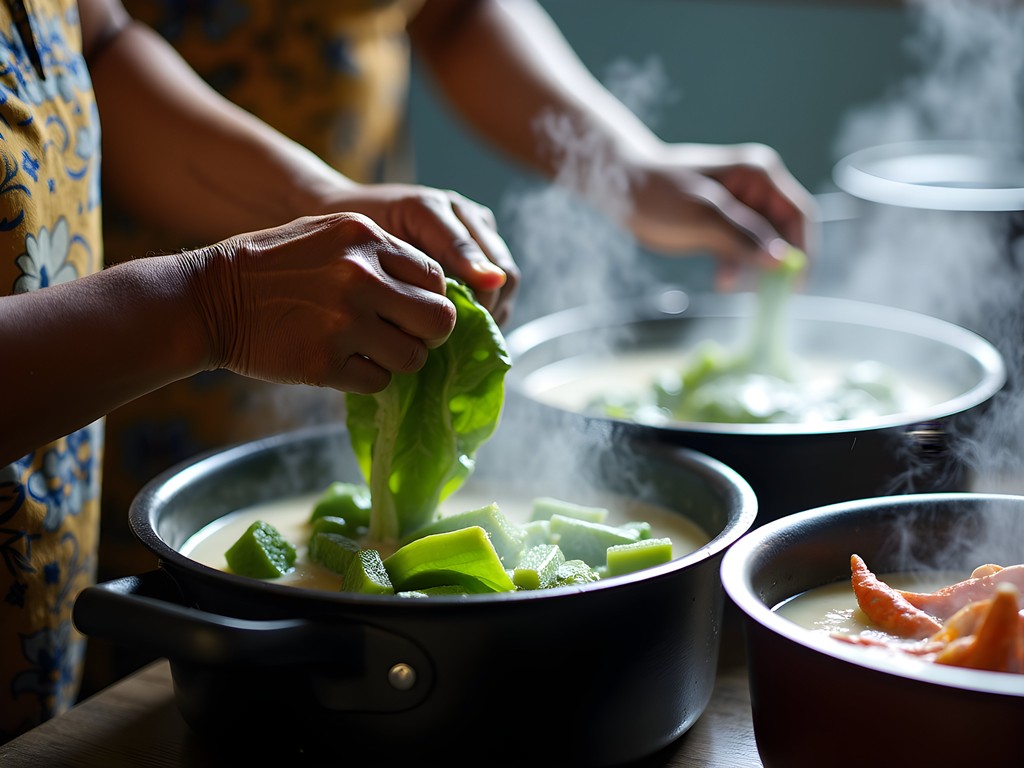 Traditional Tobagonian cooking class preparing crab and callaloo with local ingredients