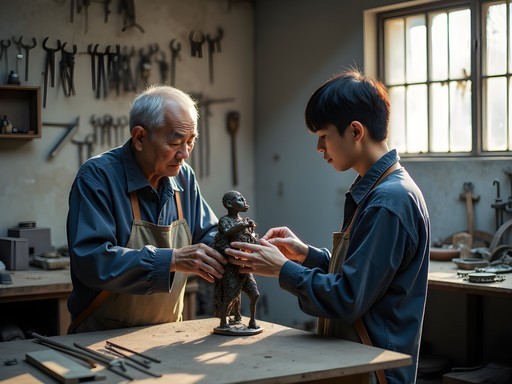 Artist and metalworker collaborating in Mullae-dong workshop, Seoul