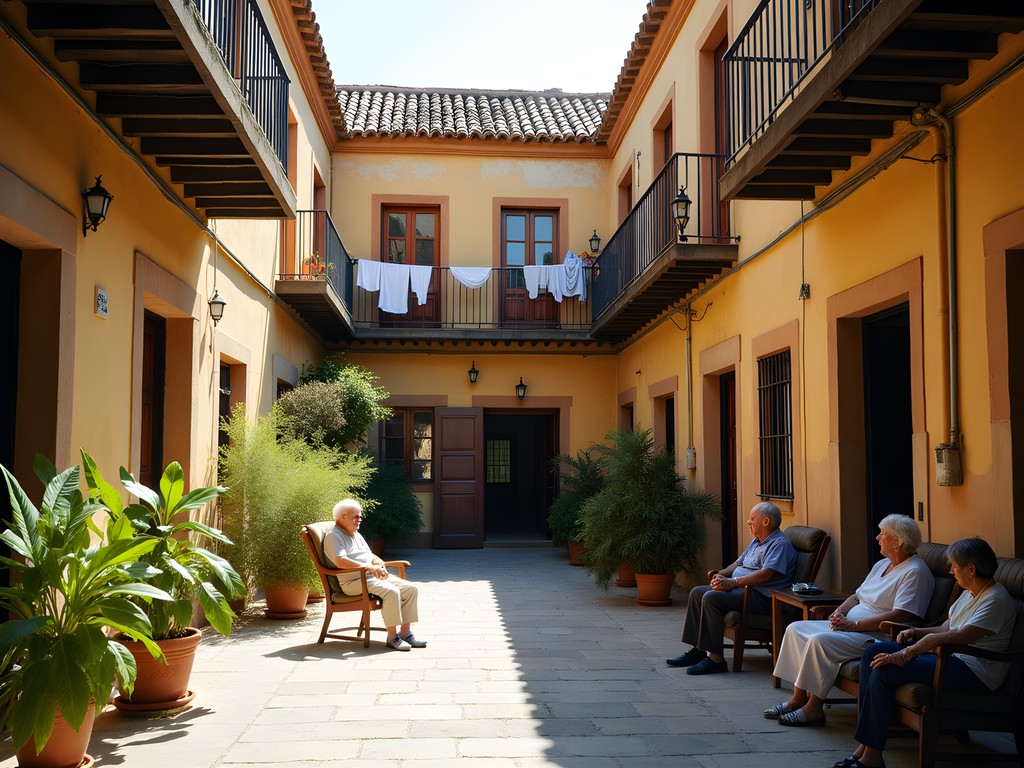 Historic communal courtyard in Seville with laundry lines and potted plants showing traditional neighborhood life