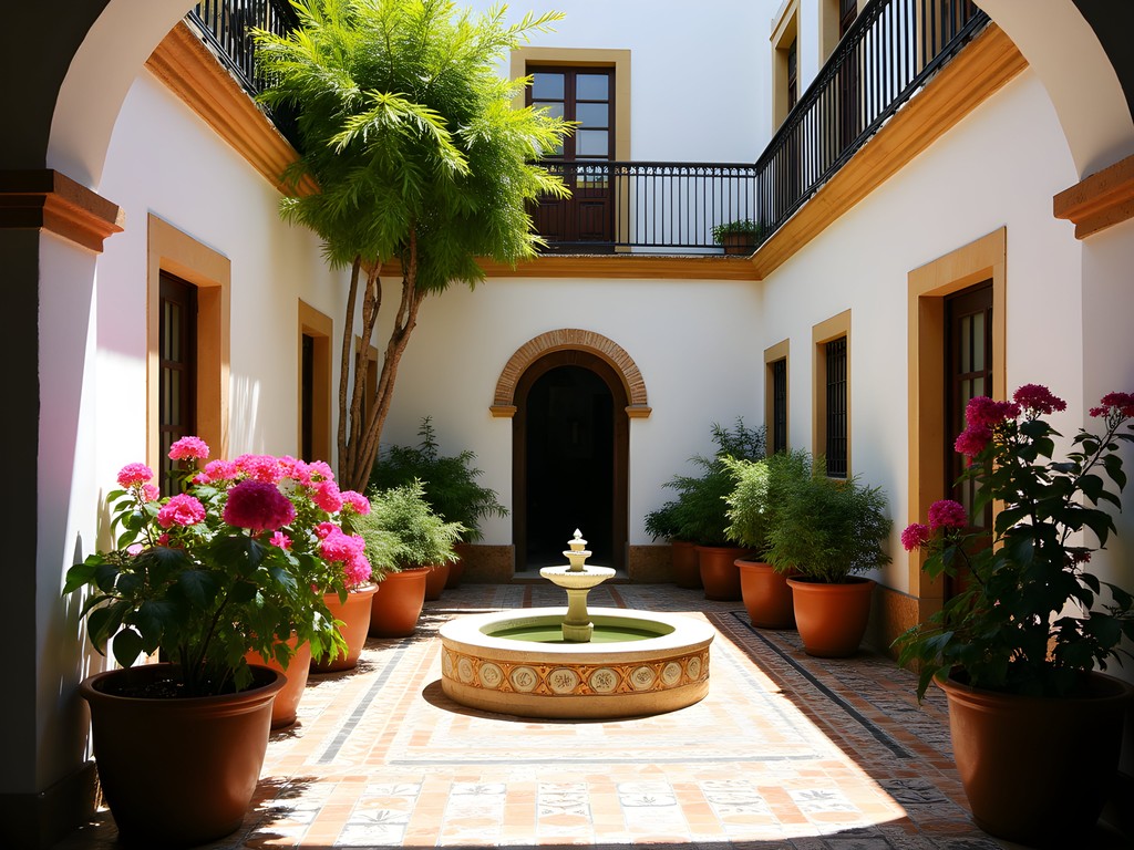 Sunlight filtering through a traditional Sevillian courtyard with potted plants and mosaic tiles