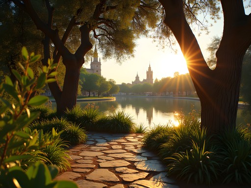 Hidden garden along Guadalquivir River in Seville at golden hour with historic buildings in background